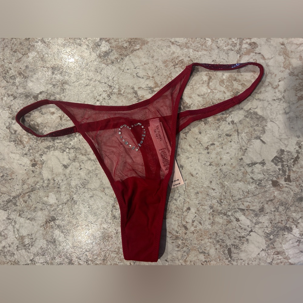 Victoria’s Secret Sheer Shine Strap Heart Thong Panty Large Pink NWT